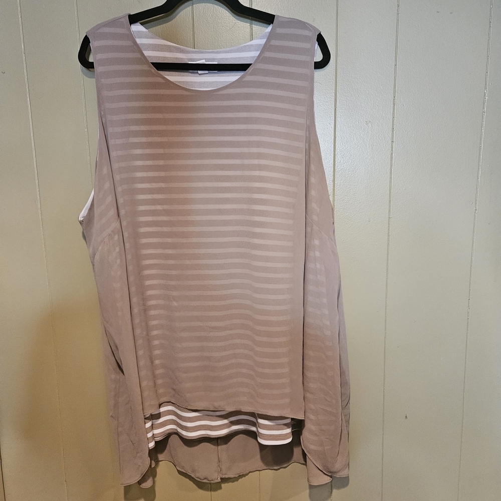 Susan Graver Taupe Sleeveless Drape Stripe Top, Women’s 3X, Beige / White